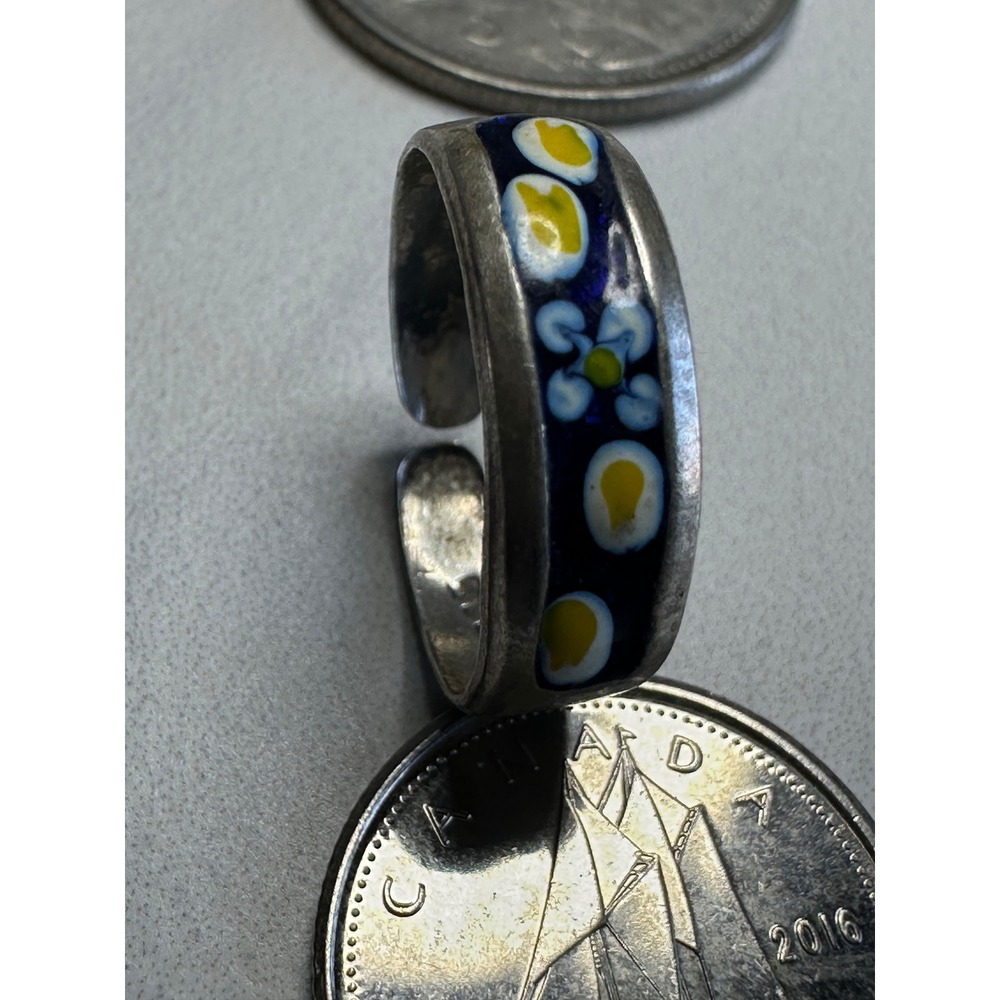 Vintage 925 Sterling Silver Millefiori Enamel Floral Adjustable Band Ring Blue